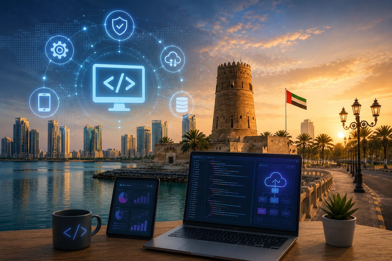 Software development workspace with cloud architecture and business analytics dashboards